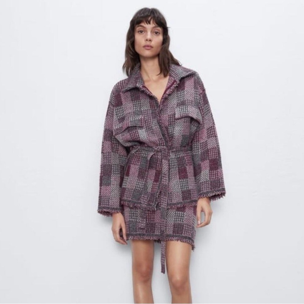 Women Plaid Zara Holiday Metallic Belted Jacket Shirt Shacket Medium Excellent